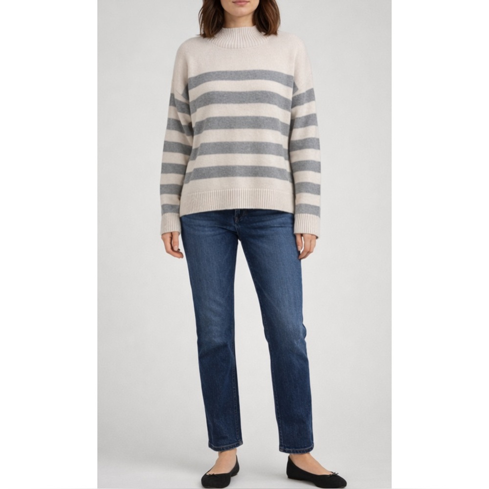 HARPER LANE | NWOT Cashmere/Wool Striped Mock Neck Sweater in Cream/Grey, Medium